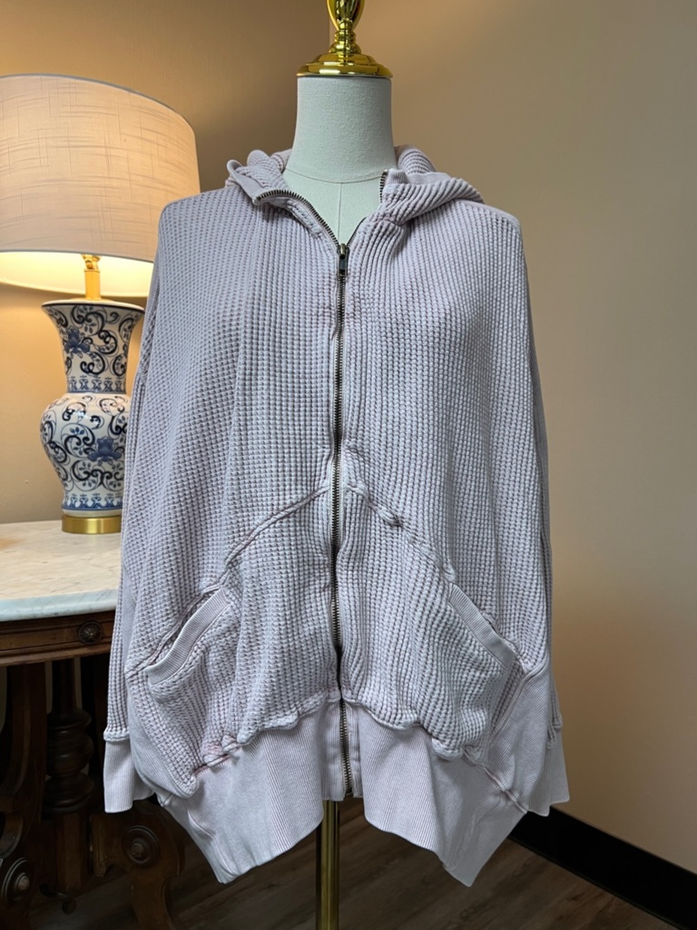 Women's Hooded Waffle-Knit Zip Jacket in Light Lavender